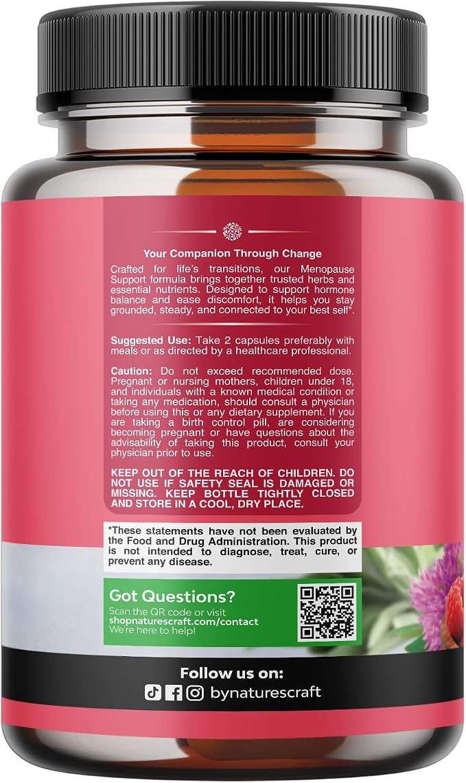 Natures Craft Complete Herbal Menopause Supplement for Women - Female Hormone Balance Capsules for Night Sweats Hot Flashes & Mood Swings with Dong Quai, Chaste Berry & Black Cohosh Root - 120 Count