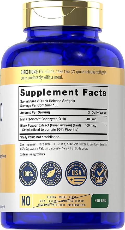 Carlyle CoQ10 400mg Softgels | 200 Count | High Absorption Coenzyme Q10 | with Black Pepper Extract | Non-GMO and Gluten Free Supplement