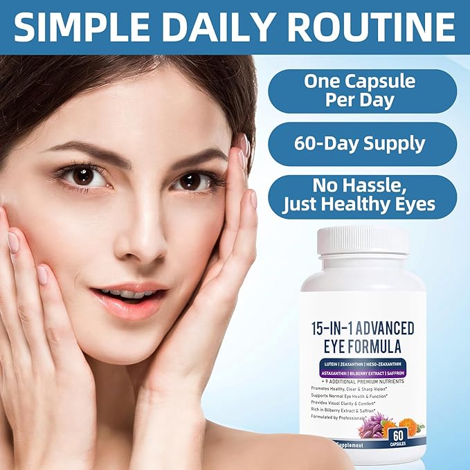 15 in 1 Advanced Eye Formula - Eye Vitamin and Mineral Supplement with Lutein, Zeaxanthin, Zinc & Bilberry Extract - Vision & Focus Support, 60 Capsules