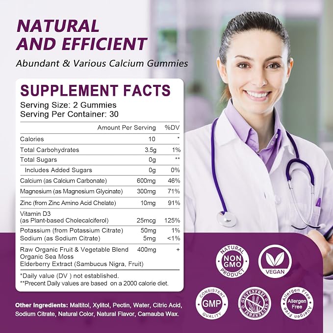 Calcium Magnesium Zinc with Vitamin D3 Supplement, Highly Absorbent Calcium Gummies with 300mg Magnesium glycinate Support Bone & Teeth, Muscle for Adults and Teens,Sugar Free, Vegan - 60 Count