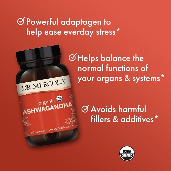 Dr. Mercola Organic Ashwagandha - Supports Energy Production & Adrenal Health - 800 mg Per Serving - Non-GMO, Gluten-Free & Soy-Free - Certified USDA Organic - 60 Capsules (30 Servings)