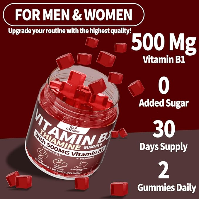 Thiamine Vitamin B1 Gummies - 500g Vegan Sugar Free Thiamine Supplement, with Natural Mixed Berries Flavor for Adults & Kids (60 Counts) Focus Supplement