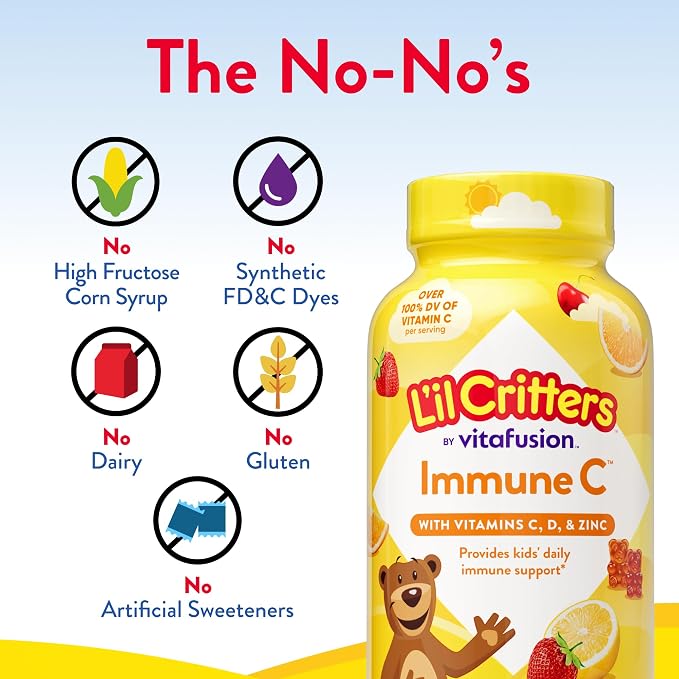 L’il Critters Immune C Daily Gummy Supplement Vitamin for Kids, for Vitamin C, D and Zinc for Immune Support, Orange, Lemon, Strawberry and Cherry Flavors, 190 Gummies (Packaging May Vary)