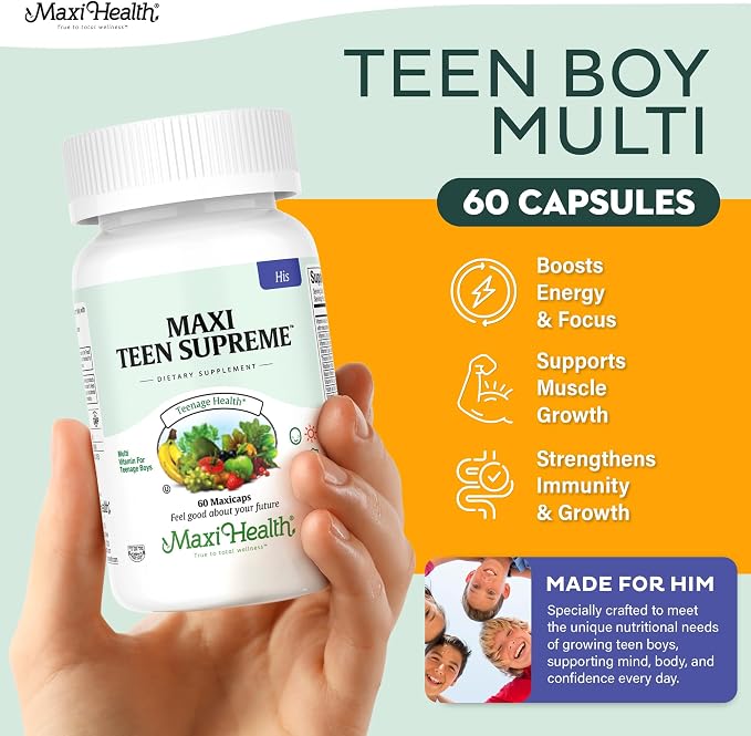 Teen Vitamins for Boys 12-17 - Teen Multivitamin Supreme with D3, Iron, Calcium, Biotin, Digestive Enzymes – Teenager Boy Multi Vitamins for Energy, Brain & Mood Support – 60 Count