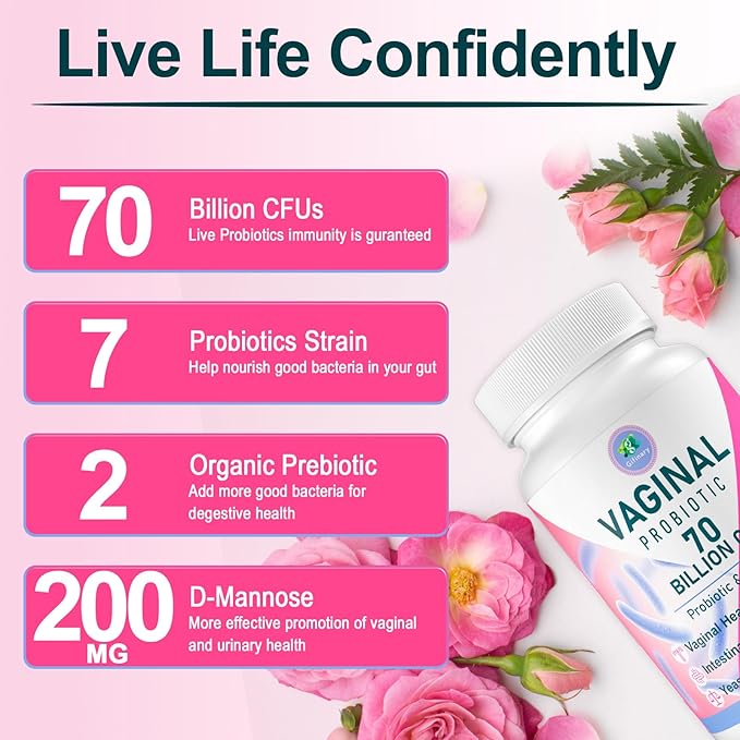Vaginal Probiotics, PH Balance for Women, 70 Billion CFUs Womens Probiotic for Vaginal health, Urinary, Odor Control, Flor, Ph Balance & Hormone, with Prebiotic & D-Mannose - Shelf Stable, 60 Caps