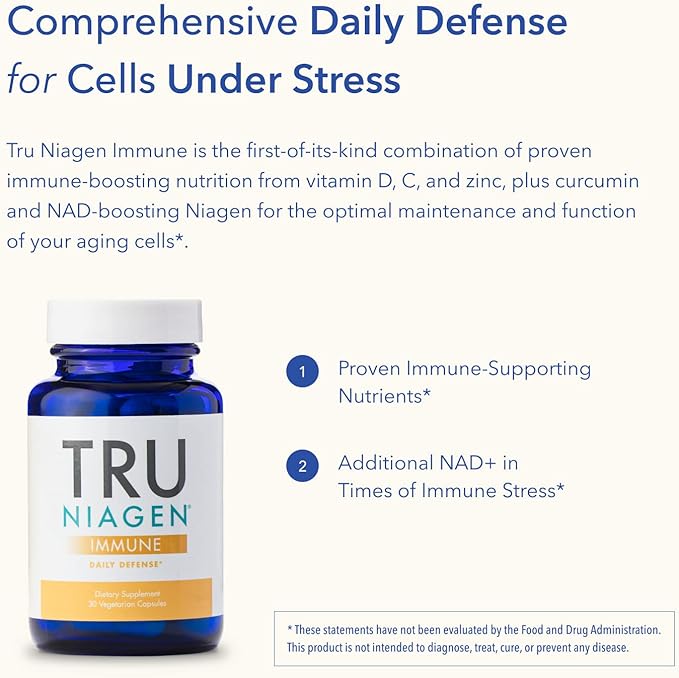 TRU NIAGEN Immune Support Supplement - Daily Defense, Vitamin C from Fermentation, Vegan Vitamin D3 2000 IU, Zinc, Plus Theracurmin (Curcumin) + Multi Award-Winning NAD Boosting Niagen 150mg 60ct