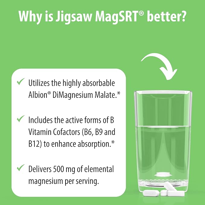 Jigsaw Health MagSRT | Magnesium Supplement with Vitamin B6, Folate & B12 | 60 Tablets | 15 Servings
