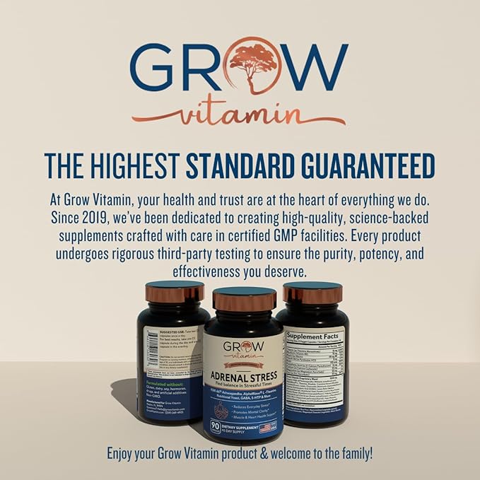 Grow Vitamin Adrenal Stress Advanced Formula, Organic KSM-66 Ashwagandha with AlphaWave L-Theanine, 5-HTP, Magnesium Blend - Everyday Stress Relief, Mood Support, Cognitive, Brain Health, 90 Capsules