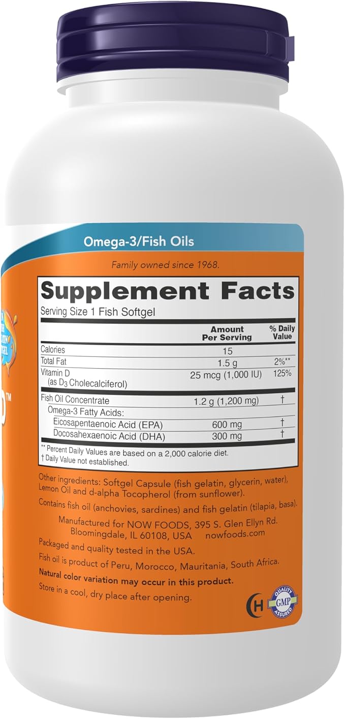 NOW Foods Supplements, Ultra Omega 3-D™, Omega-3 Fish Oil + Vitamin D-3, Cardiovascular Support*, 180 Softgels