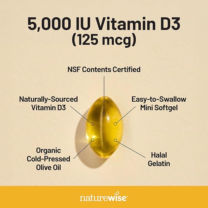 NatureWise Vitamin D3 5000iu (125 mcg) 30-Day Supply for Immune Support, Healthy Muscle Function, and Bone Health - Non-GMO, Gluten Free in Organic Extra Virgin Olive Oil, (Mini Softgel), 30 Count