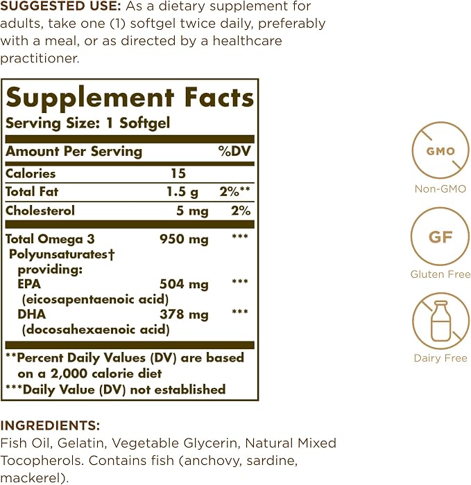 Solgar Triple Strength Omega 3 950 mg - 100 Softgels, Pack of 2 - Supports Joint & Skin Health - Non-GMO, Gluten Free, Dairy Free - 200 Total Servings