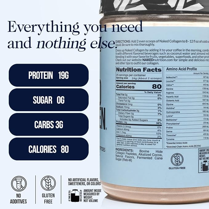 NAKED Chocolate Collagen Peptides Protein Powder, 24 Servings, Pasture-Raised, Grass-Fed Hydrolyzed Collagen Supplement, Paleo Friendly, Non-GMO, Keto, Gluten Free, 20oz