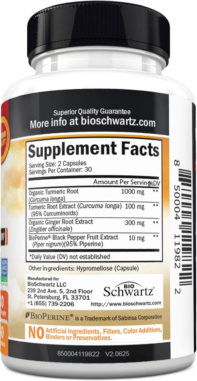 Turmeric Curcumin and Ginger Supplement - 95% Standardized Curcuminoids with BioPerine Black Pepper Extract for Ultra High Absorption - Natural Joint Support Supplement - Gluten-Free - 60 Capsules