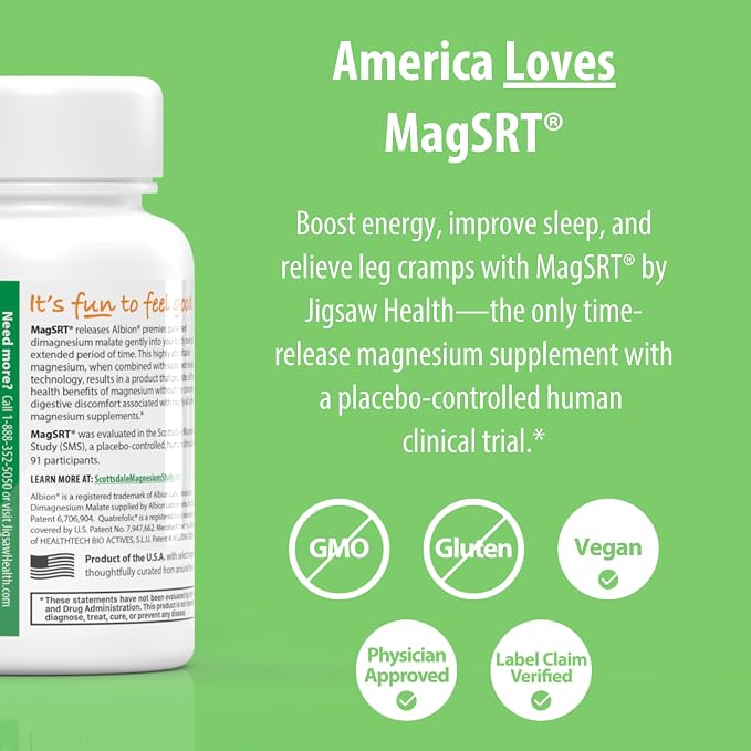 Jigsaw Health MagSRT | Magnesium Supplement with Vitamin B6, Folate & B12 | 60 Tablets | 15 Servings