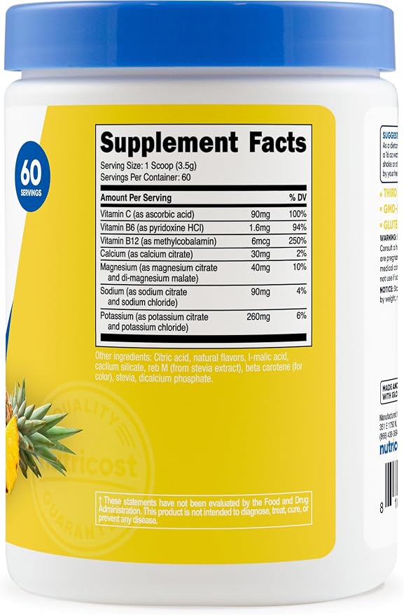 Nutricost Electrolytes Complex Powder (Pineapple Ice) 60 Servings - Advanced Hydration Complex, 7 Vitamins + Minerals, Zero Sugar, Sweetened with Stevia, Gluten-Free, GMO-Free
