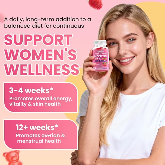 2 Pack Myo-Inositol & D-Chiro Inositol Gummies for Women 1000mg + 25mg Ideal 40:1 Ratio with Vitamin D3, Magnesium Glycinate, Folate & Zinc for Female, Raspberry Flavor, 120 Count