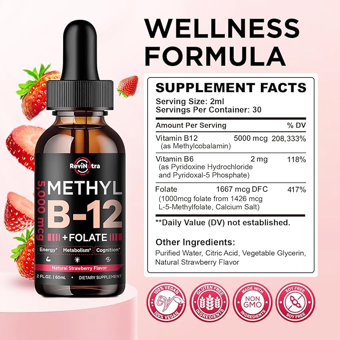(2 Pack) Vitamin B12 liquid Drops, B12 vitamins 5000 mcg, Vitamin B Complex Supplement with Methylcobalamin B12 Sublingual, Vitamin B6, Folate for Energy, Brain, Heart Health, Vegan Strawberry Flavor