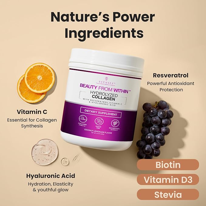 VITASEI Hydrolyzed Collagen Peptides Powder with Resveratrol & Vitamin C – Hair, Skin & Joint Support – Colágeno Hidrolizado for Women & Men – Refreshing Coconut Lemonade Flavor, 16 oz (30 Servings)