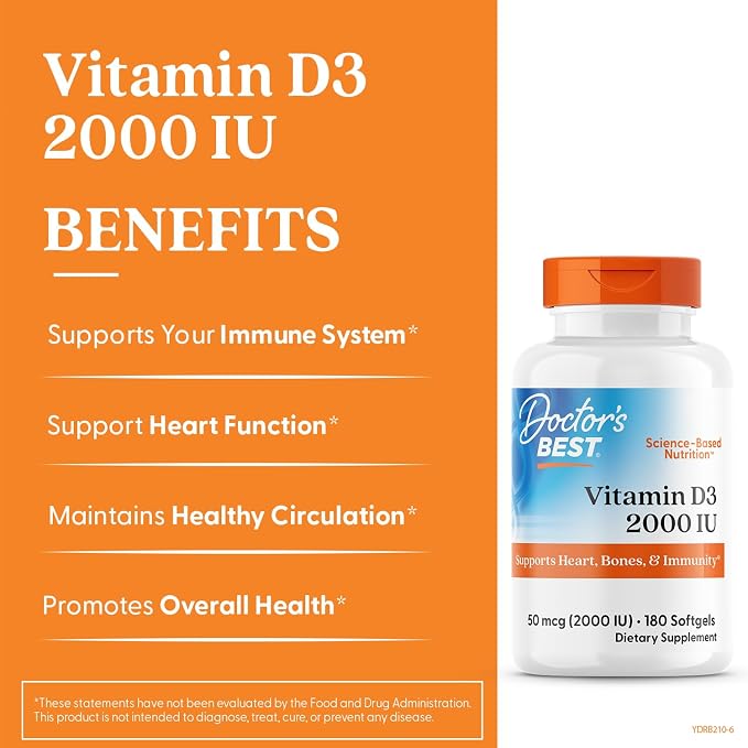 Doctor's Best Vitamin D3 2000 IU Softgels for Men & Women - Vitamin D Supplement for Immune System & Heart Health Support, 50 mcg per Serving, Vit D 3, Non GMO, Gluten Free, Soy Free - 180 Softgels