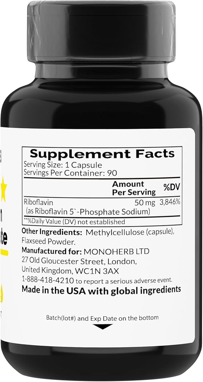 MONOHERB Riboflavin 5'-Phosphate 50 mg - 90 Vegetarian Capsules - Bioactive Vitamin B2 - Made in USA