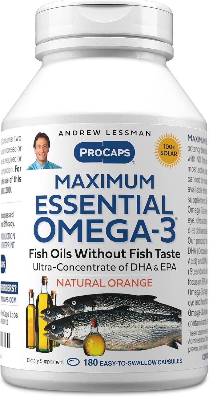 ANDREW LESSMAN Maximum Essential Omega-3 Orange - 180 Softgels - Ultra-Pure, High Potency Omega-3 Oils. High DHA, No Stomach Upset, No Contaminants, No Mercury. Small Easy to Swallow Softgels