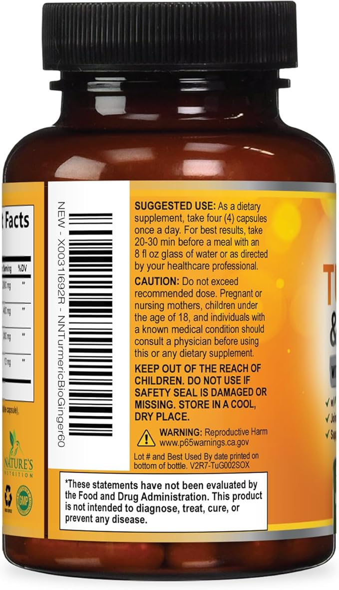 Turmeric Curcumin Supplement - 2000mg Organic Turmeric Per Serving - 95% Curcuminoids, Ginger & BioPerine Black Pepper for Best Absorption - Natural Vegan Joint Support, Bottled in USA - 60 Capsules