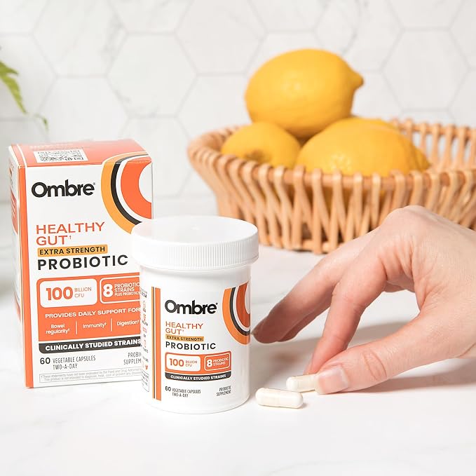 Ombre Healthy Gut Probiotics for Digestive Health 100 Billion CFU - Prebiotics and Probiotics for Women & Men with Lactobacillus Acidophilus & Digestive Enzymes, Gut Health Support, Vegan, 30 Servings