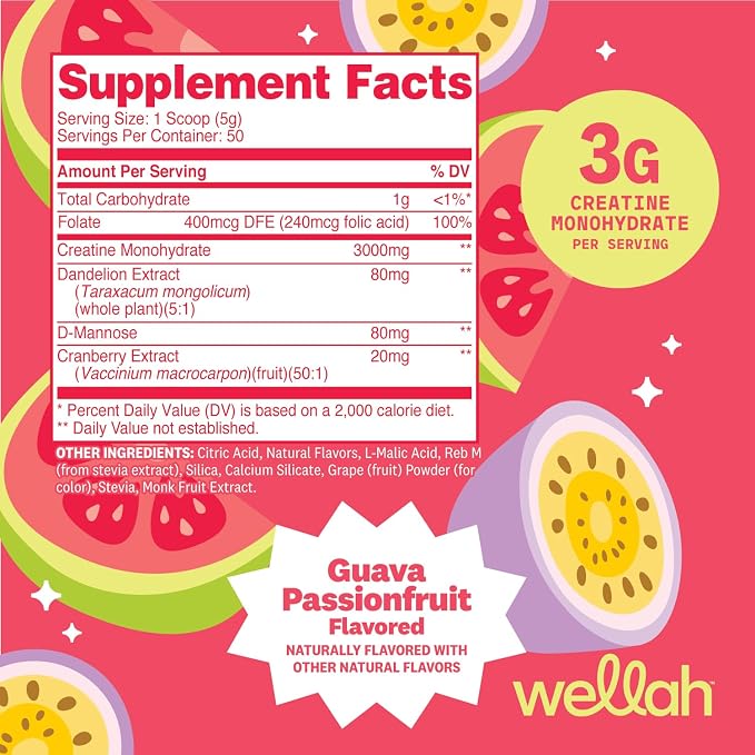 Wellah Creatine for Women - Creatine Monohydrate with Dandelion & Cranberry Extract (50 Servings, Guava Passionfruit)