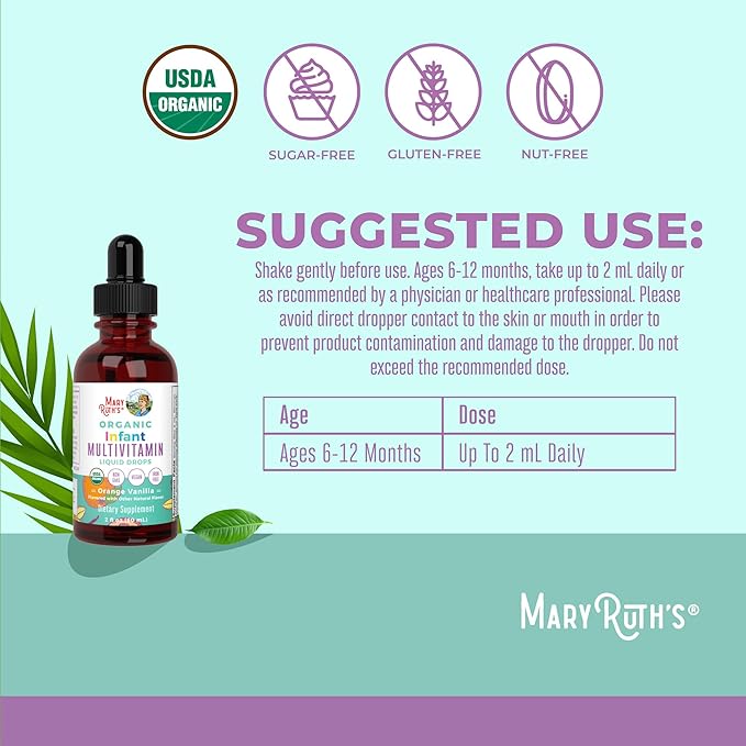 MARYRUTH'S Organics Multivitamin for Infants | USDA Organic | Multivitamin Liquid Drops for Babies 6-12 Months | Immune Support & Overall Wellness | Vegan | Non-GMO | Gluten Free | 2 Fl Oz