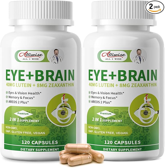 2 Pack Eye + Brain Supplements for Memory and Focus, Lutein 40mg, Zeaxanthin, Astaxanthin, Bilberry, Lion’s Mane, Bacopa Monnieri, Ginkgo Biloba, 14 in 1 Eye Vitamins for Adults & Seniors 240 Capsules