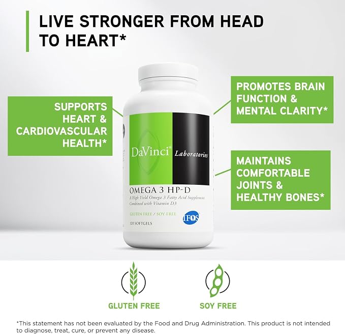 DAVINCI Labs Omega 3 HP-D - Dietary Supplement for Healthy Joints and Immune, Cardiovascular and Skin Health Support - with Vitamin D3 and More- Gluten-Free - Lemon Flavor - 120 Softgels