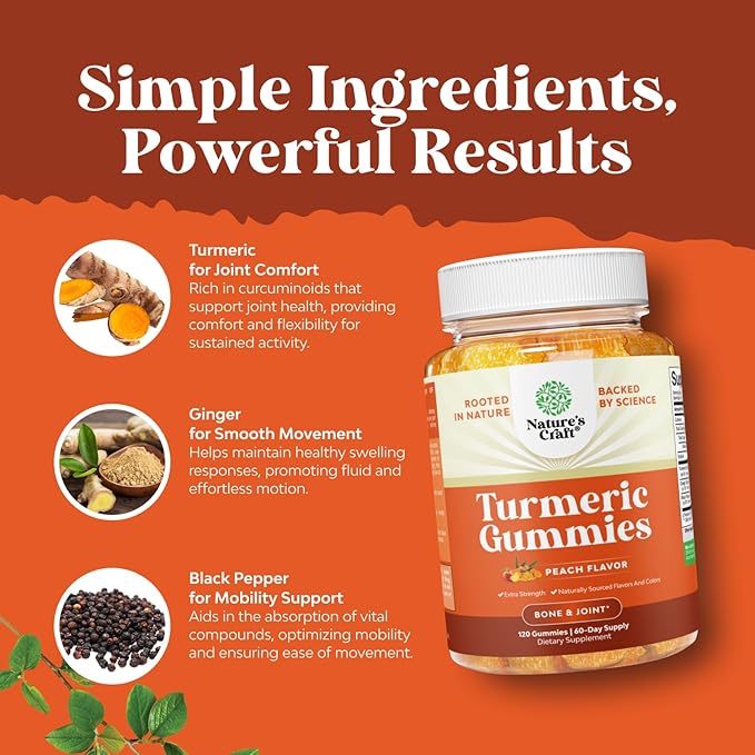 Turmeric Gummies for Adults - Extra Strength Joint Support Gummies with Turmeric Curcumin with Black Pepper Extract and Ginger - Peach Flavor Vitamins for Adults - 120 Count