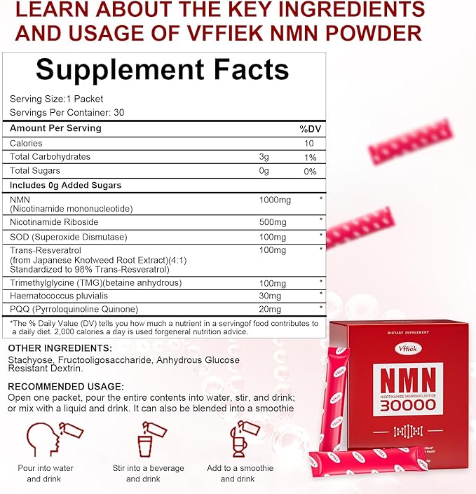 NMN Supplement 30,000 mg Contains TMG, Resveratrol, NR-Ribose, and PQQ Suitable for Men and Women Natural NAD+ Anti-Aging, Cellular Energy, Enhanced Focus - One-Month Supply