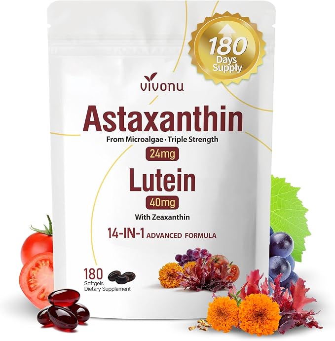 VivoNu 14-in-1 Astaxanthin 24mg & Lutein 40mg with Zeaxanthin Supplements, 6 Month Supply, Fresh Microalgae Source, Gluten Free Non-GMO, Supports Eye, Skin, Antioxidant, 180 Softgels, 1 Bag