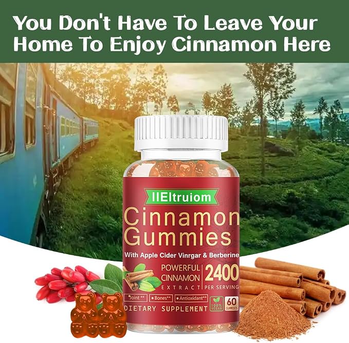 Cinnamon Supplements, Premium Ceylon Cinnamon Gummies 2400mg with Berberine, Turmeric, Apple Cider Vinegar, Bitter Melon, Chromium - Vegan, Non-GMO丨60 Counts