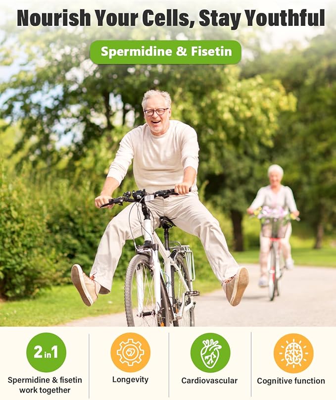 Spermidine & Fisetin Supplement - 20mg of 99% Spermidine Per Serving, 3HCL & 300mg Fisetin for Women Men Cell Renewal, Aging Defense & Longevity, Gluten Free, Non-GMO, Made in USA | 30 Veggie Caps