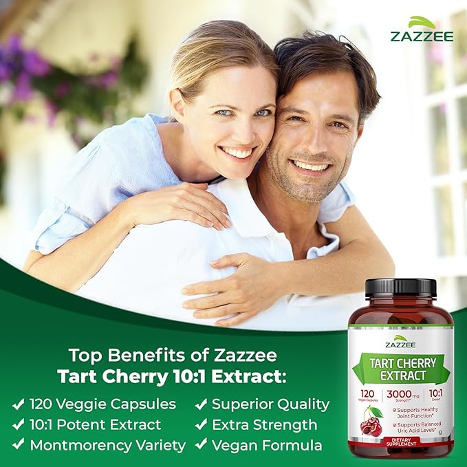 Zazzee Tart Cherry 10:1 Extract, 120 Vegan Capsules, 4 Month Supply, Montmorency Cherry, Certified Kosher, Joint & Uric Acid Support, Antioxidant Support Formula, Non-GMO, Made in the USA