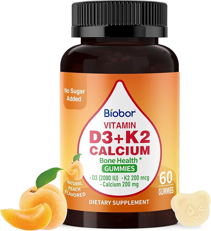Sugar Free Vitamin D3 K2 Gummies with Calcium, 2000 IU D3 & 200 mcg K2(MK-7) & 200 mg Calcium, Supports Healthy Bones & Immune Health, Gluten Free, GMO Free, Yellow Peach, 60 Count