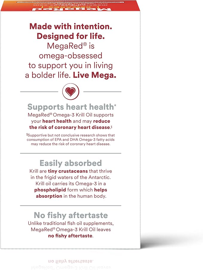 MegaRed Ultra Strength 1000mg Omega-3 Krill Oil Supplement with EPA/DHA, Astaxanthin & Phospholipids, No Fish Oil Aftertaste Supports Heart, Brain, Joint and Eye Health, 60 Count Softgels.