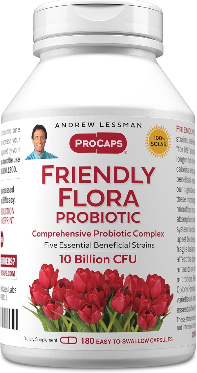 ANDREW LESSMAN Friendly Flora Probiotic 180 Capsules - 10 Billion CFU, Comprehensive Blend of Five Probiotic Strains, Powerful Immune and Digestive Support. Probiotics for Women or Men