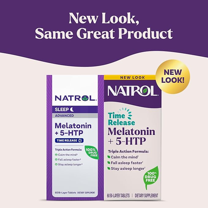 Natrol Melatonin + 5-HTP Time Release Sleep Aid, Triple Action Formula, Calm the Mind, Fall Asleep Faster and Stay Asleep Longer, 60 Bi-Layer Tablets, Up to a 60 Day Supply