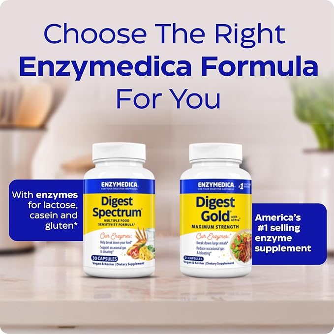 Enzymedica Digest Spectrum, Advanced Digestive Enzymes for Women and Men, Supports Digestion and Multiple Food Intolerances, Fast-Acting Formula for Gas and Bloating Relief, 30 Capsules
