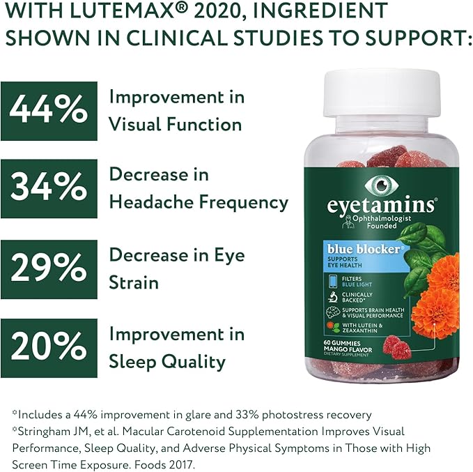 eyetamins Blue Blocker® Eye Health - 60 Lutein Gummies - Ophthalmologist-Developed - Support Vision, Filter Blue Light & Help Eye Strain - Promotes Sleep, Focus Eyesight – Vegan & Non-GMO Formula