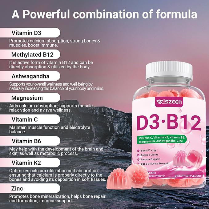 Vitamin D3 B12 Gummies, D3 B12 Vitamin for Adults, Vitamin D Supplement with Ashwagandha, Magnesium, Vitamin K2 for Immune & Energy Support