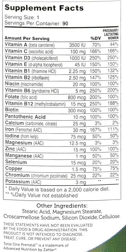 Zahler - Total One Prenatal Vitamins for Women (90 Count) Daily Multi Vitamin Prenatals with Folic Acid, Iron, Zinc & 19 Other Essential Vitamins & Minerals - Kosher Pre Natal Multivitamin Capsules