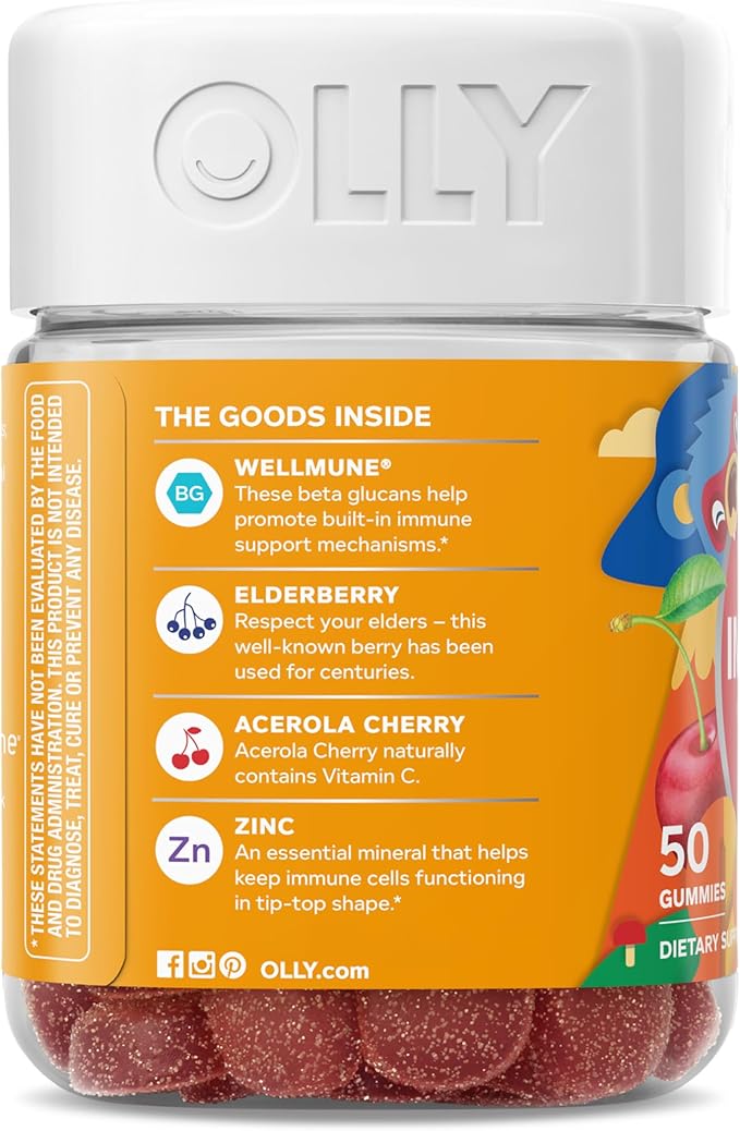 OLLY Kids Immunity Gummy, Immune Support, Wellmune, Elderberry, Vitamin C, Zinc, Chewable Supplement, Cherry - 50 Count