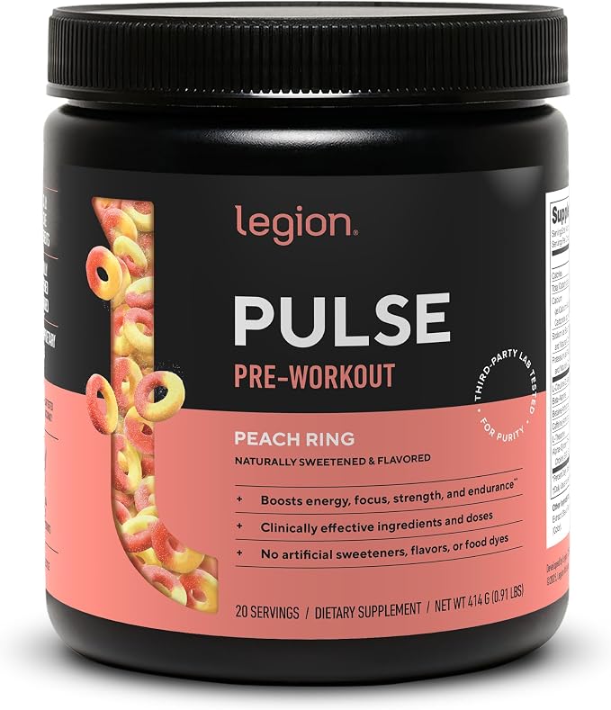 Legion Pulse Pre Workout - All Natural Nitric Oxide Preworkout Drink to Boost Energy, Creatine Free, Naturally Sweetened, Beta Alanine, Citrulline, Alpha GPC (Peach)