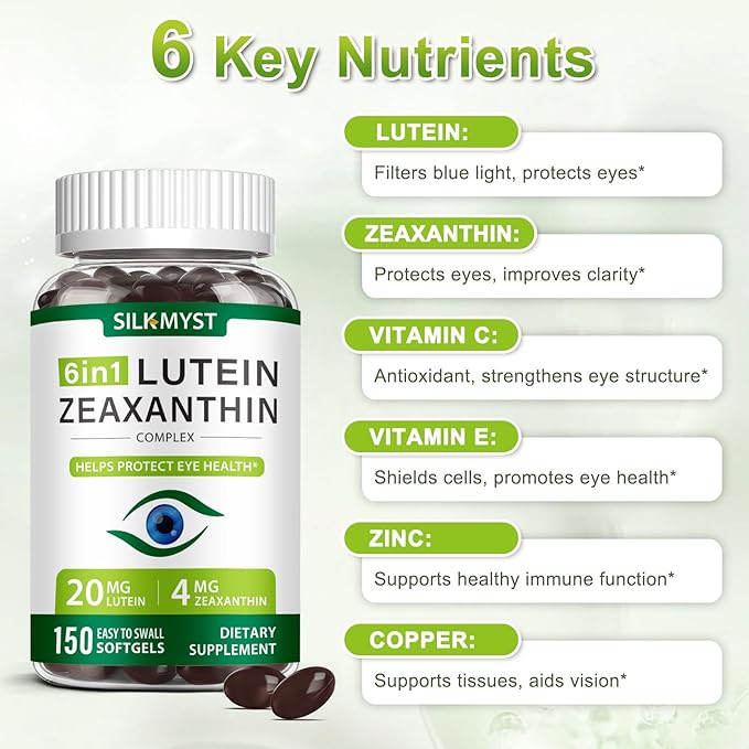 Lutein and Zeaxanthin Supplement - Eye Vitamins 150 Softgels, 20mg Lutein & 4mg Zeaxanthin with Vitamins C, E, Zinc, Copper for Blue Light Protection, Eye Health Support, 5 Months Supply