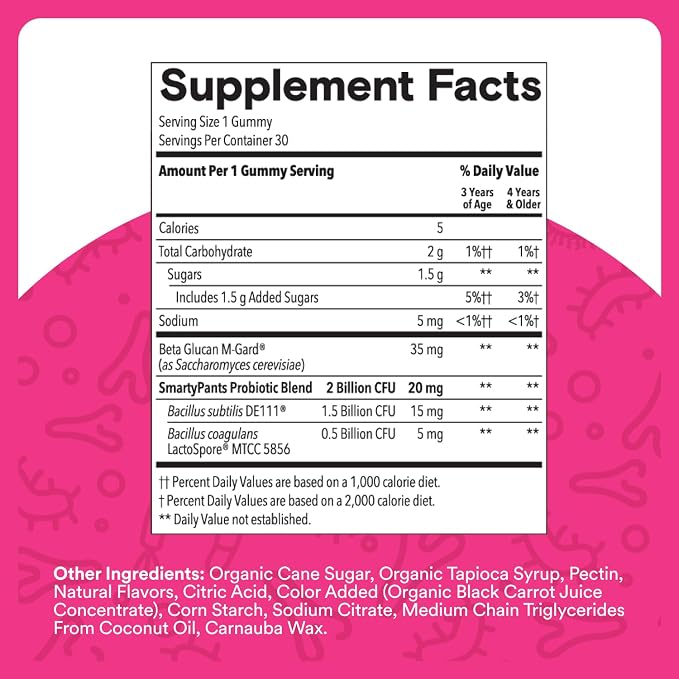SmartyPants Kids Probiotic Gummies for Digestive Health: 2 Billion CFU Gut Health and Immune Support Supplement, Clinically Studied Probiotic, Gluten Free, Grape, 30 Count (30 Day Supply)
