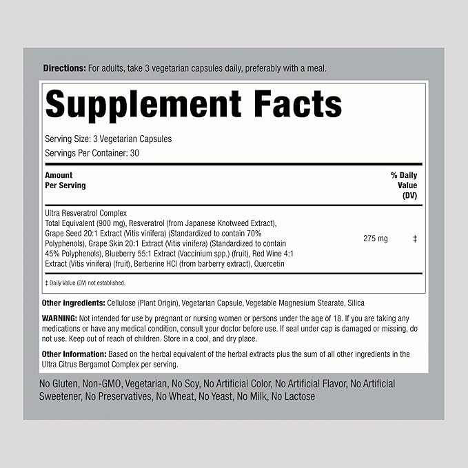 Piping Rock Resveratrol Berberine Grape Seed & Quercetin Complex | 90 Capsules | Vegetarian, Non-GMO, and Gluten Free Supplement